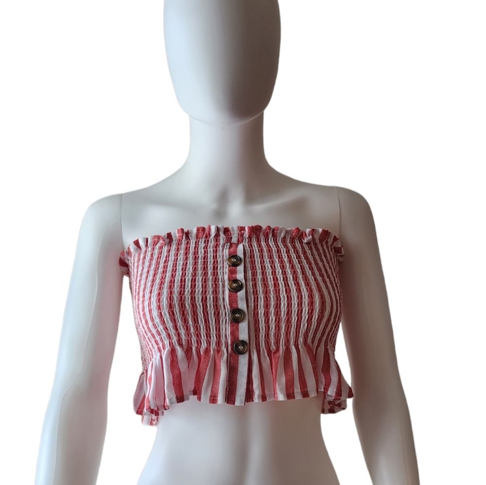 Ruched cropped strapless striped top